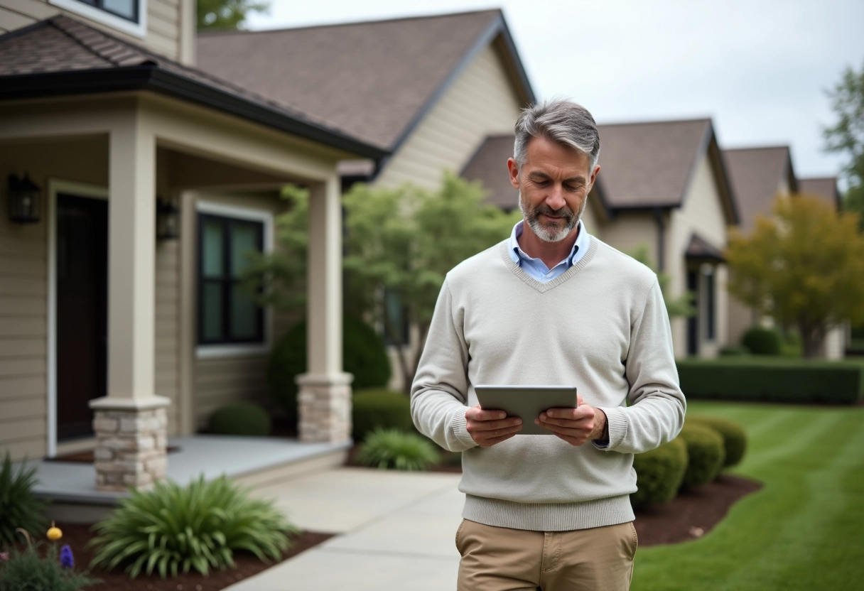 Homme vérifiant des détails immobiliers devant une maison