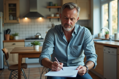 Homme d'âge moyen examinant un contrat de location à la maison