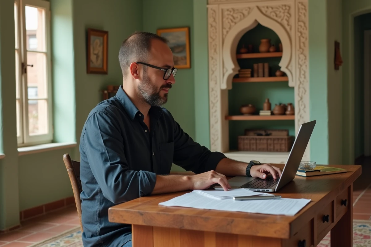 Homme en télétravail dans une maison de location décorée à la marocaine à Essaouira