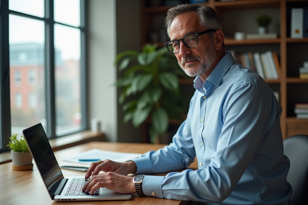 Homme utilise un ordinateur pour calculer un prêt immobilier