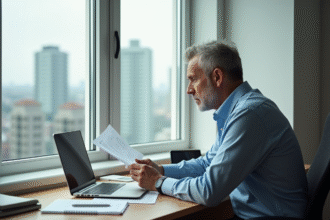 Homme d'âge moyen étudiant des documents fiscaux dans un bureau moderne