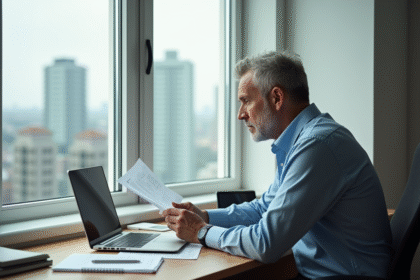 Homme d'âge moyen étudiant des documents fiscaux dans un bureau moderne