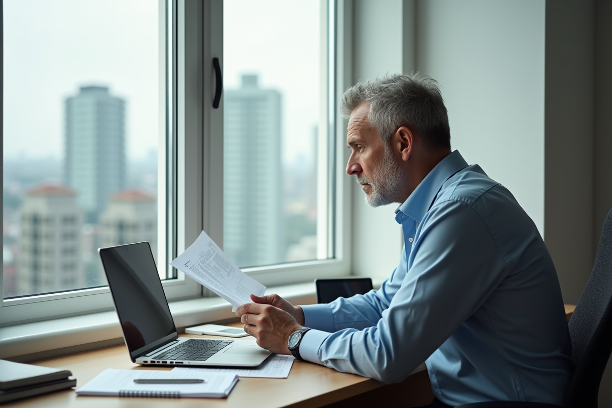 Homme d'âge moyen étudiant des documents fiscaux dans un bureau moderne