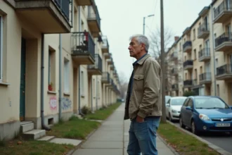 Homme d'âge moyen regardant des immeubles usés en ville