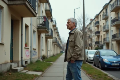 Homme d'âge moyen regardant des immeubles usés en ville