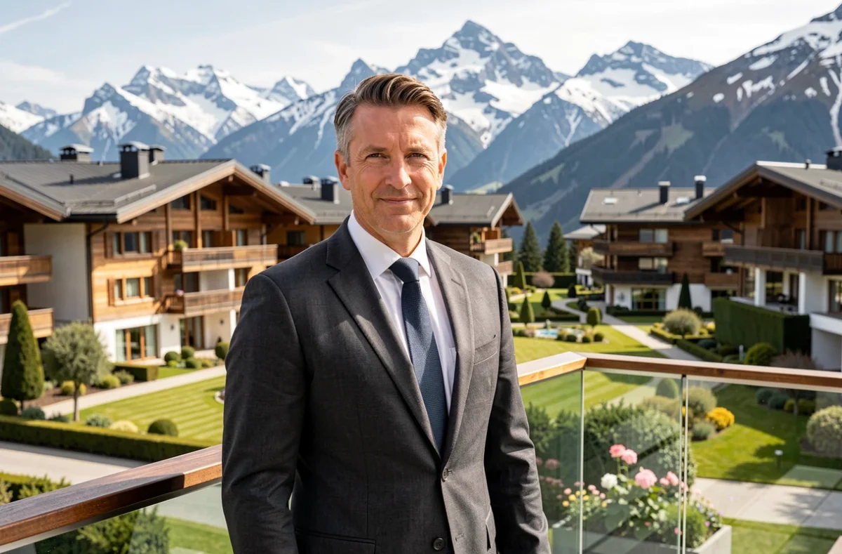 Gestionnaire de copropriété Immo Valley sur une terrasse face aux chalets haut de gamme de Megève