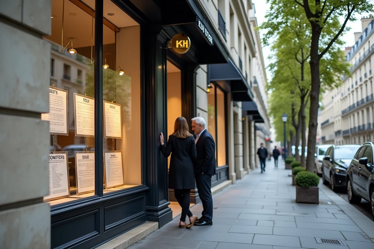 Couple devant une agence immobilière de luxe dans le 7e arrondissement de Paris