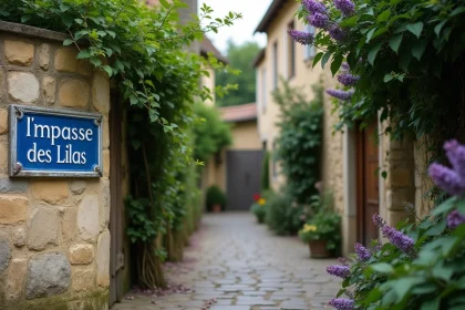 Panneau de rue 'Impasse des Lilas' fixé sur un mur en pierre dans un village français, avec des pavés anciens et des buissons de lilas en arrière-plan