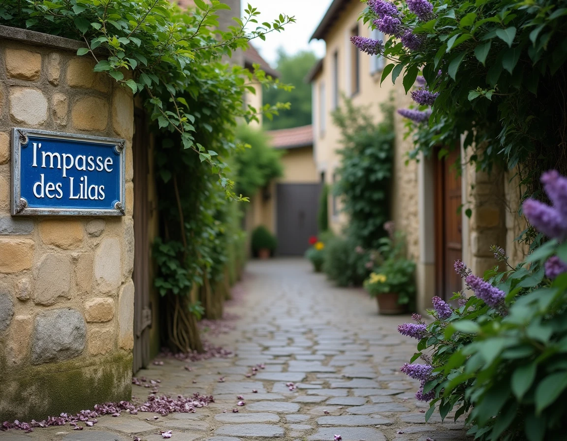 Panneau de rue 'Impasse des Lilas' fixé sur un mur en pierre dans un village français, avec des pavés anciens et des buissons de lilas en arrière-plan