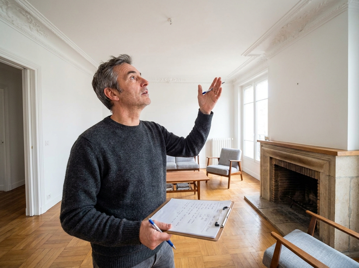 Propriétaire ou expert immobilier inspectant un appartement ancien pour réaliser une estimation avant mise en vente