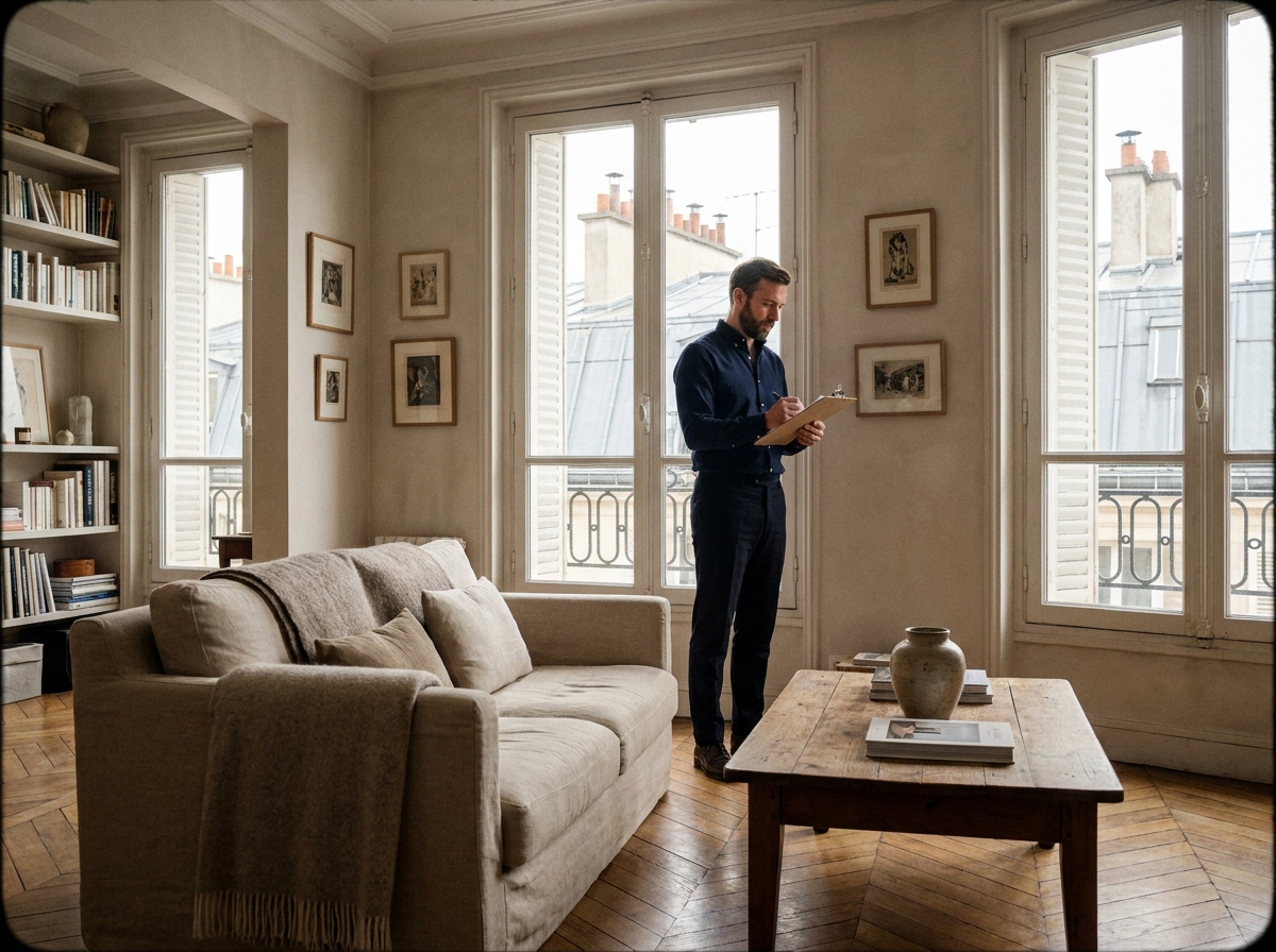 Gestionnaire immobilier inspectant un appartement meublé parisien prêt à la location avec parquet en chevrons et vue sur toits