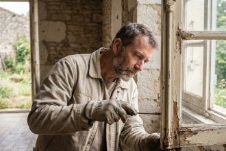 Artisan inspectant un vieux châssis de fenêtre en bois détérioré dans une maison ancienne, évaluant l'état avant rénovation