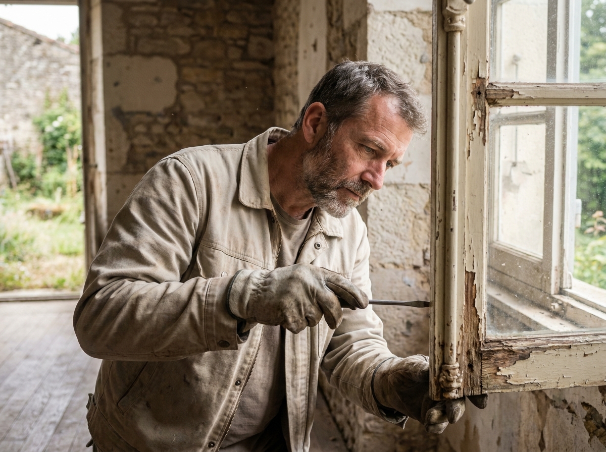 Artisan inspectant un vieux châssis de fenêtre en bois détérioré dans une maison ancienne, évaluant l'état avant rénovation