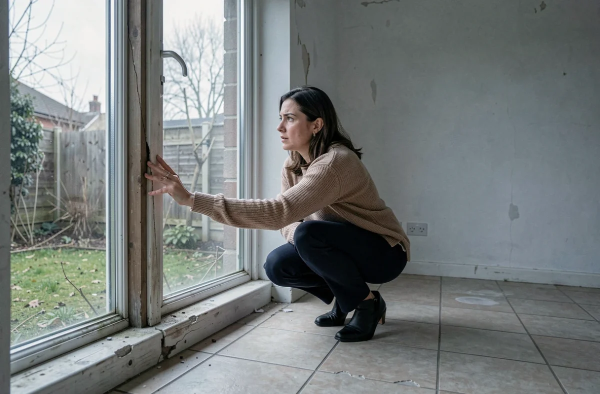Femme examinant une fissure sur le cadre de fenêtre dans une maison plain-pied vide en location