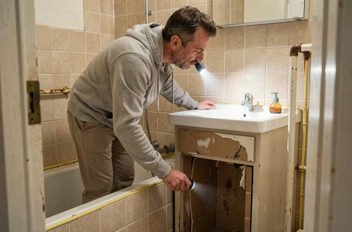Homme inspectant des traces d'eau sous l'évier dans la salle de bain d'une maison plain-pied en location