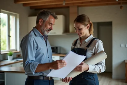 Propriétaire et professionnelle inspectant documents dans appartement