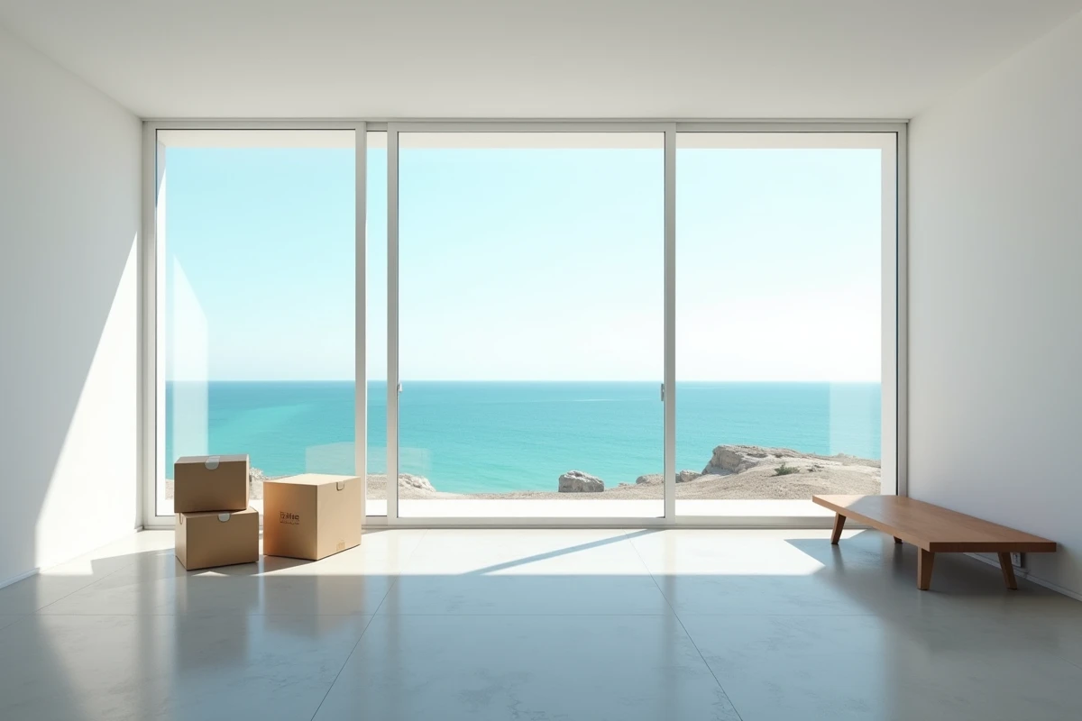 Intérieur d'appartement vue mer à vendre en France avec grandes fenêtres panoramiques sur la Méditerranée