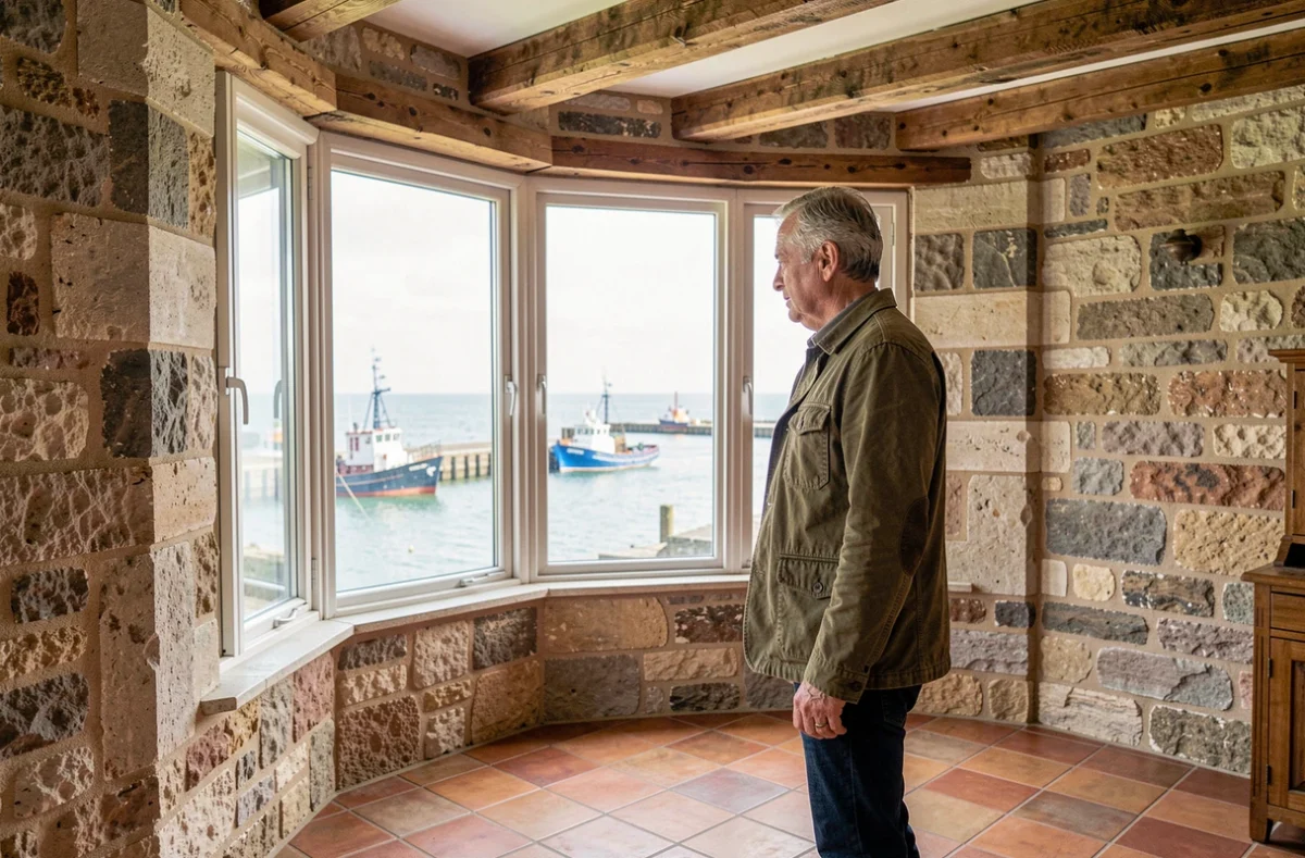 Homme inspectant l'intérieur d'une maison normande à rénover avec vue sur le port, mêlant pierres apparentes et fenêtres côtières