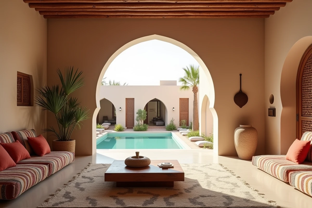 Salon intérieur d'une villa de luxe à Marrakech avec vue sur la piscine extérieure à travers des arches en tadelakt et décoration marocaine authentique