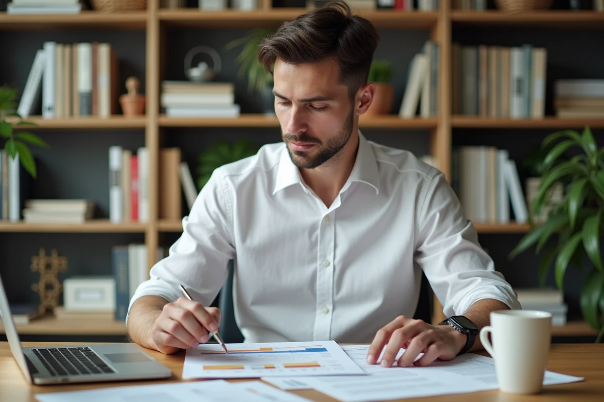 Investisseur immobilier analysant des documents financiers et des calculs de rentabilité locative à son bureau