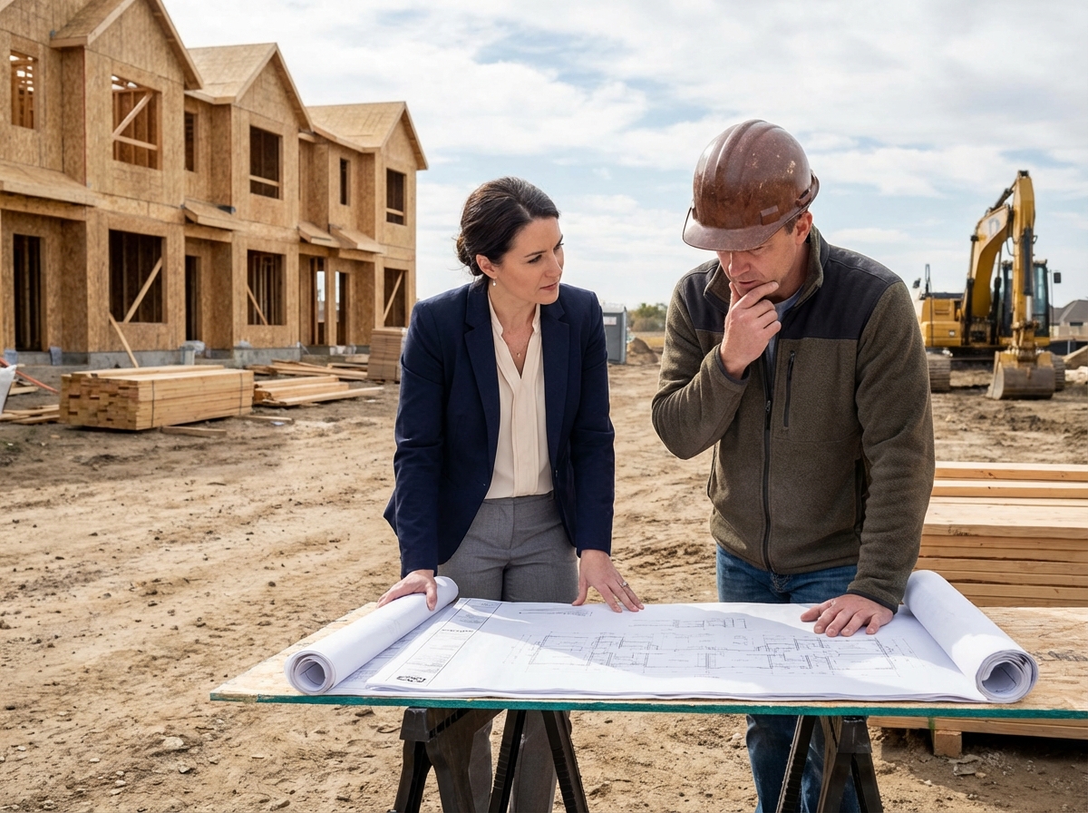 Jeune investisseuse discutant avec un expert sur un chantier