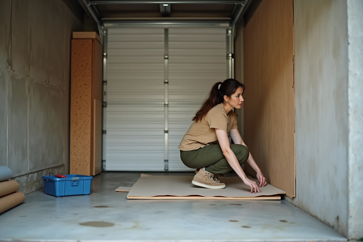 Femme posant des panneaux d'isolation acoustique sur la cloison mitoyenne d'un garage privatif