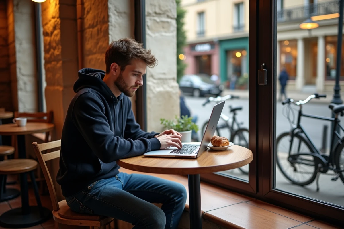 Jeune actif travaillant sur son ordinateur portable dans un café de Maisons-Laffitte avec une ambiance cosy et authentique