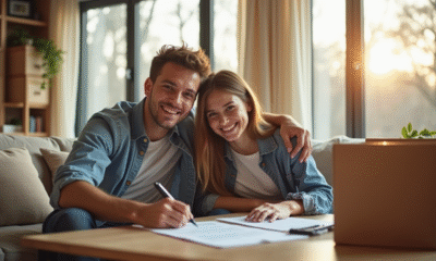 Jeune couple signant des contrats d'assurance dans leur nouveau salon