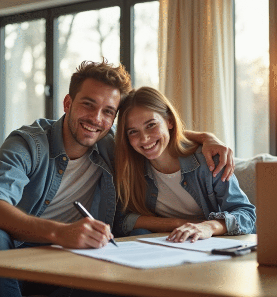 Jeune couple signant des contrats d'assurance dans leur nouveau salon