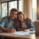 Jeune couple signant des contrats d'assurance dans leur nouveau salon