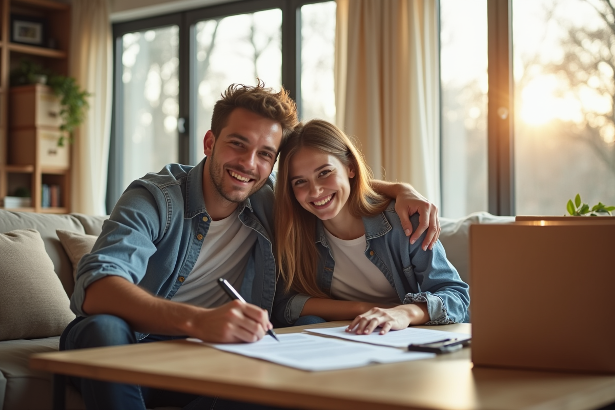 Jeune couple signant des contrats d'assurance dans leur nouveau salon