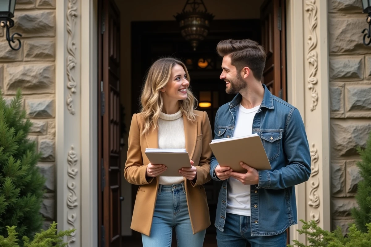 Jeune couple devant une maison ancienne avec dossiers immobiliers