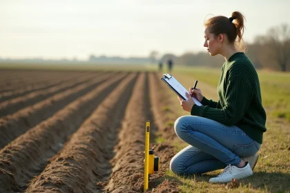 Jeune femme en jeans et pull vert dans un champ rural