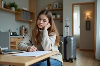 Jeune femme étudiant son contrat de location dans un appartement moderne