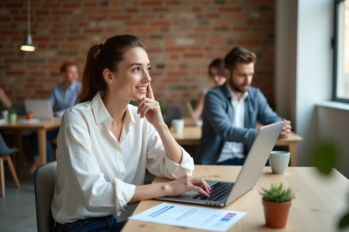 Jeune femme consultant et sécurisant ses données personnelles sur son compte en ligne dans un espace de coworking