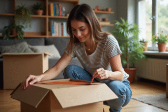 Jeune femme emballant une boîte de déménagement dans un appartement