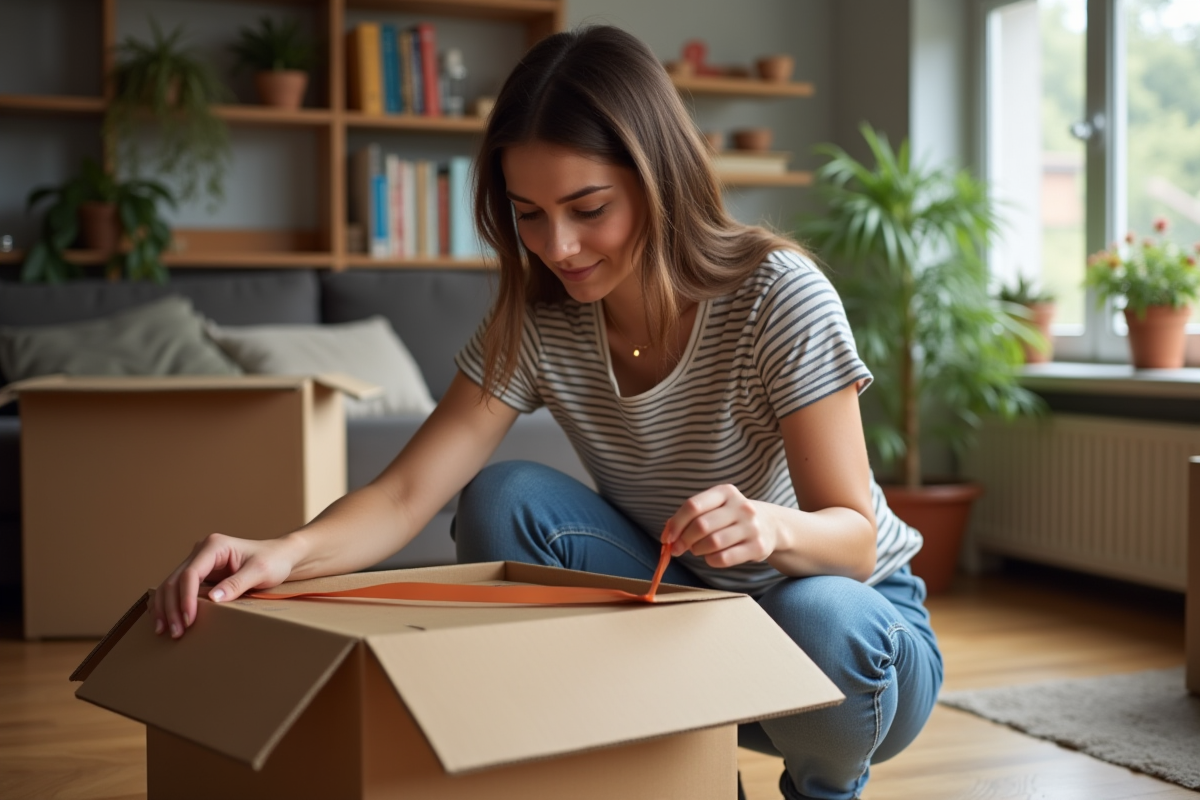 Jeune femme emballant une boîte de déménagement dans un appartement