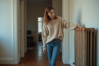 Jeune femme examine un vieux radiateur dans un appartement