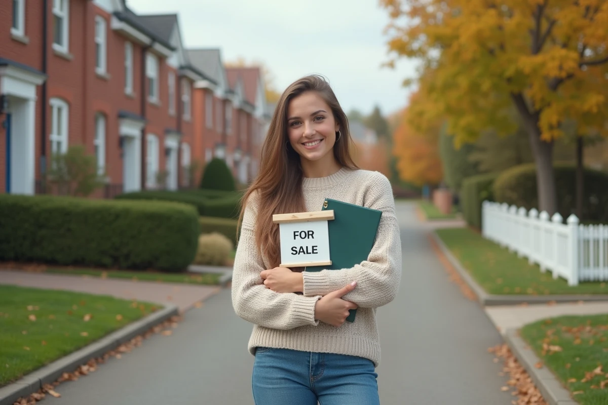Jeune femme avec panneau a vendre dans rue résidentielle