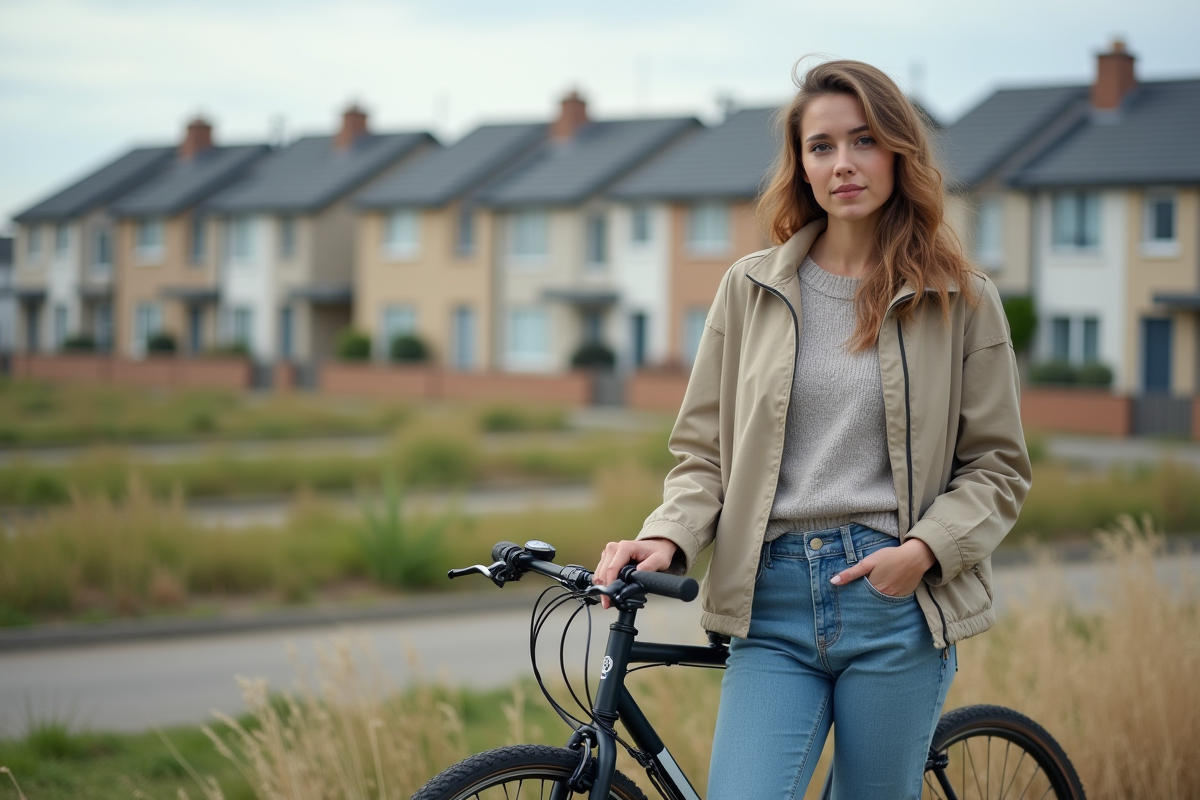 Jeune femme avec vélo dans un nouveau lotissement suburbain