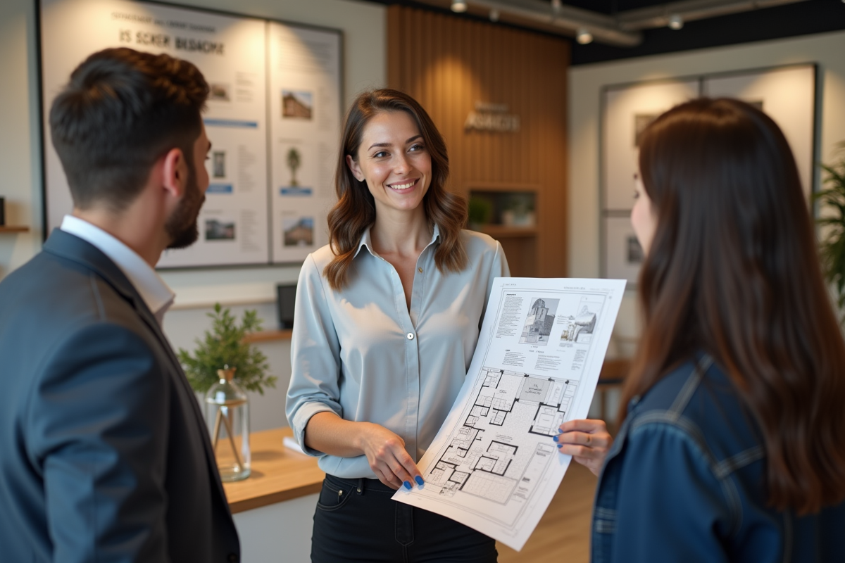 Jeune gestionnaire immobilier souriante avec clients dans agence