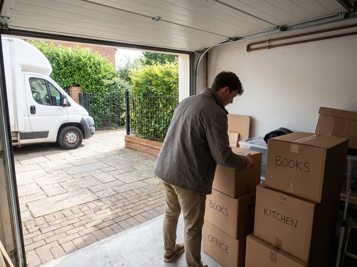 Jeune homme rangeant des cartons dans un garage privé
