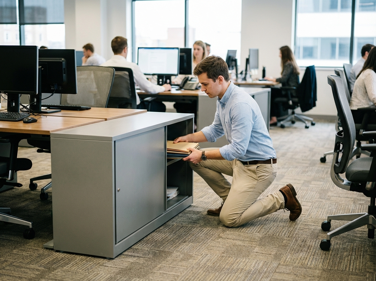 Jeune homme rangeant des documents dans un espace de travail ouvert