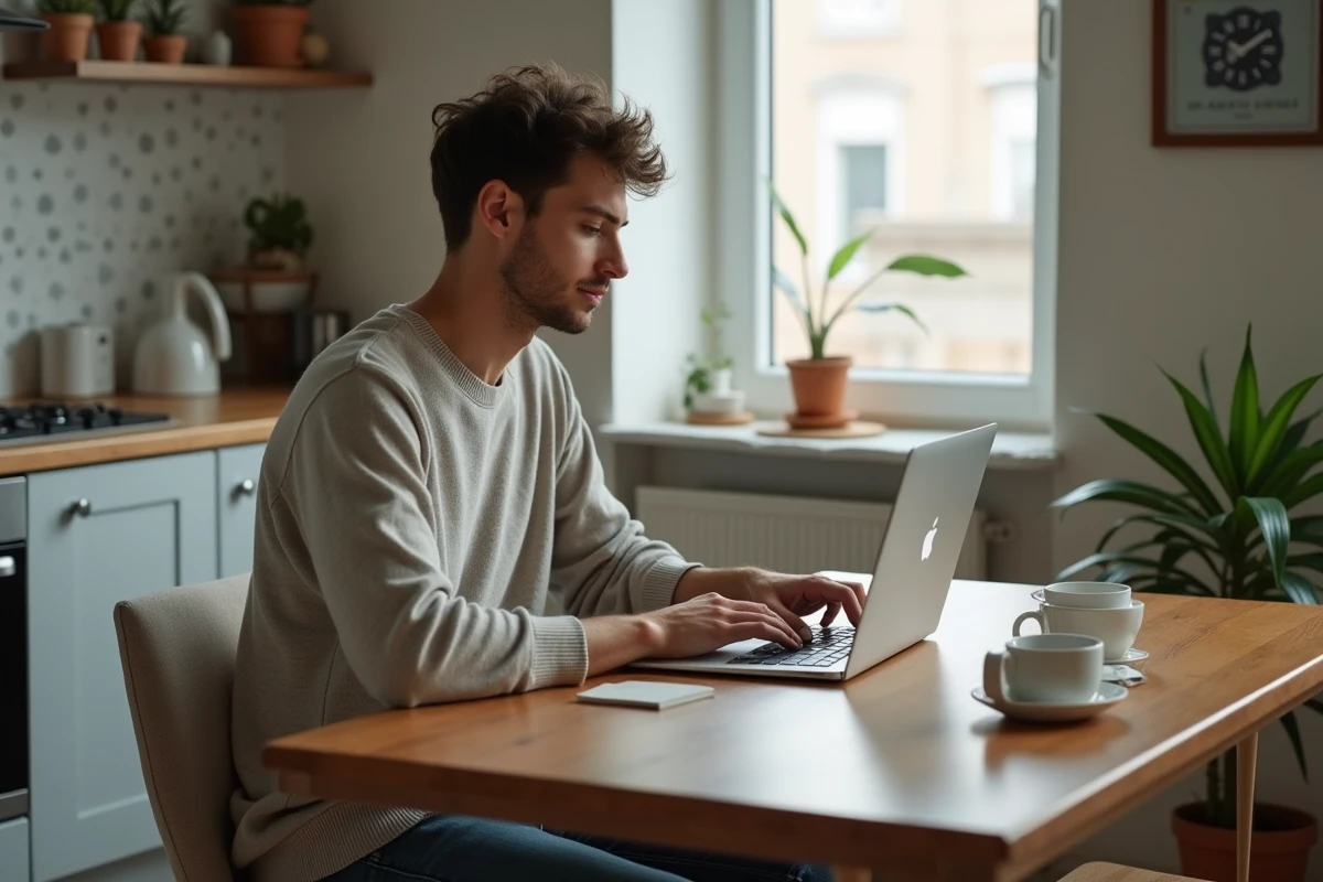 Jeune homme travaillant sur un ordinateur dans un appartement