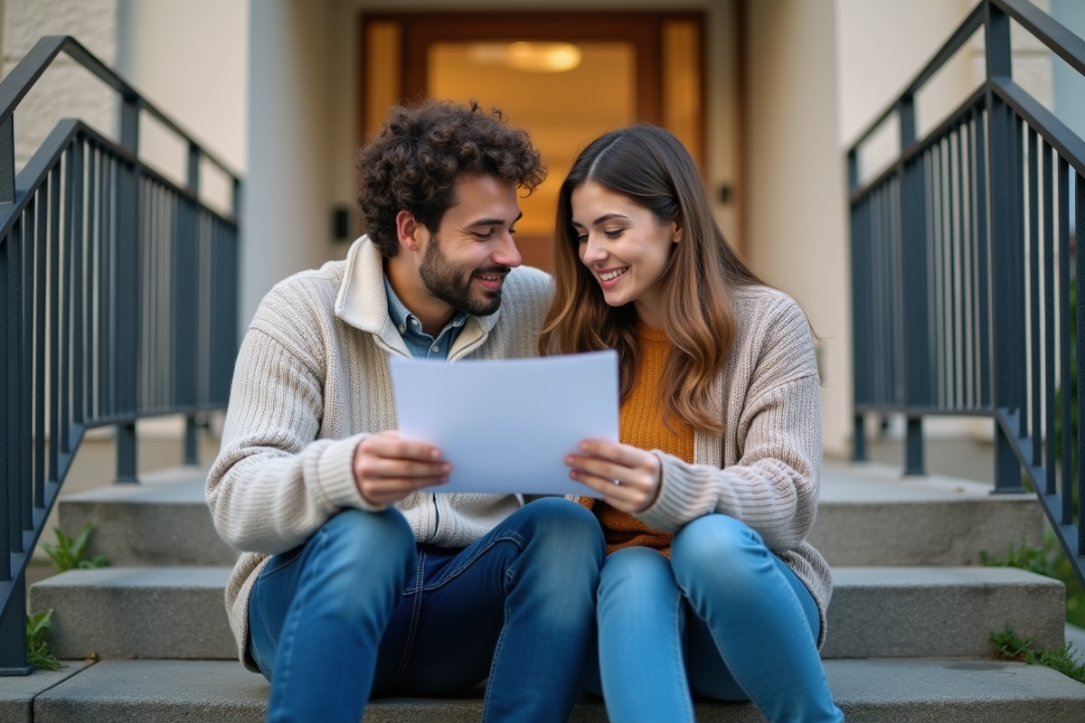 Jeune couple assis sur les marches d