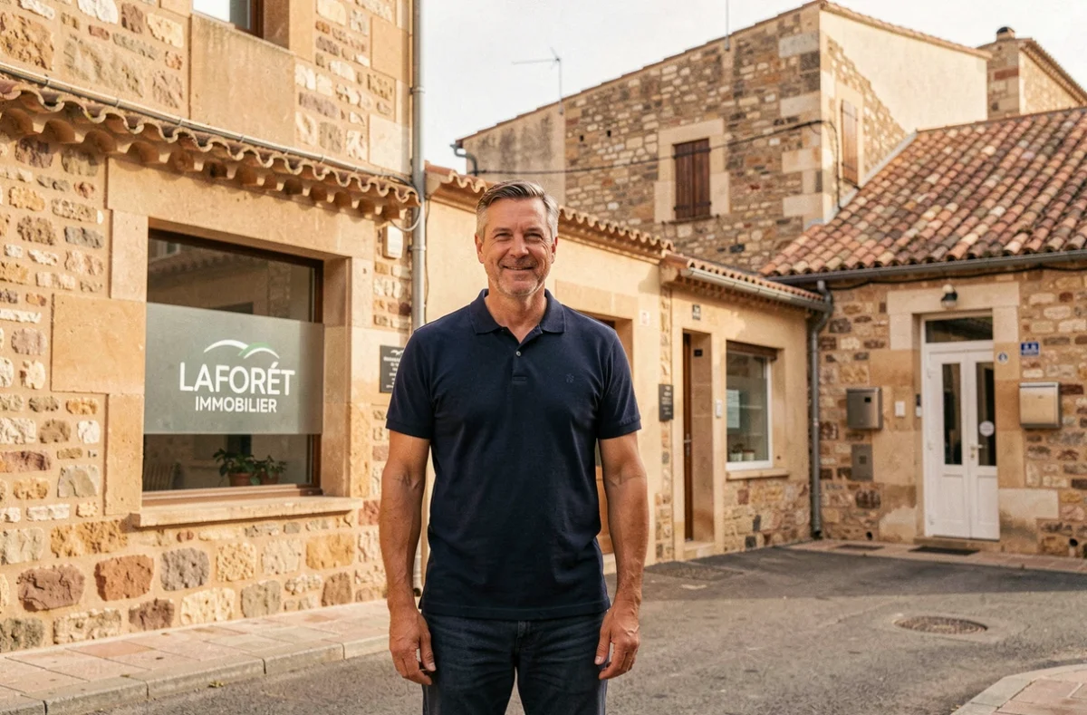 Agent Laforêt devant l'agence immobilière d'Arles avec les façades en pierre provençale du centre historique