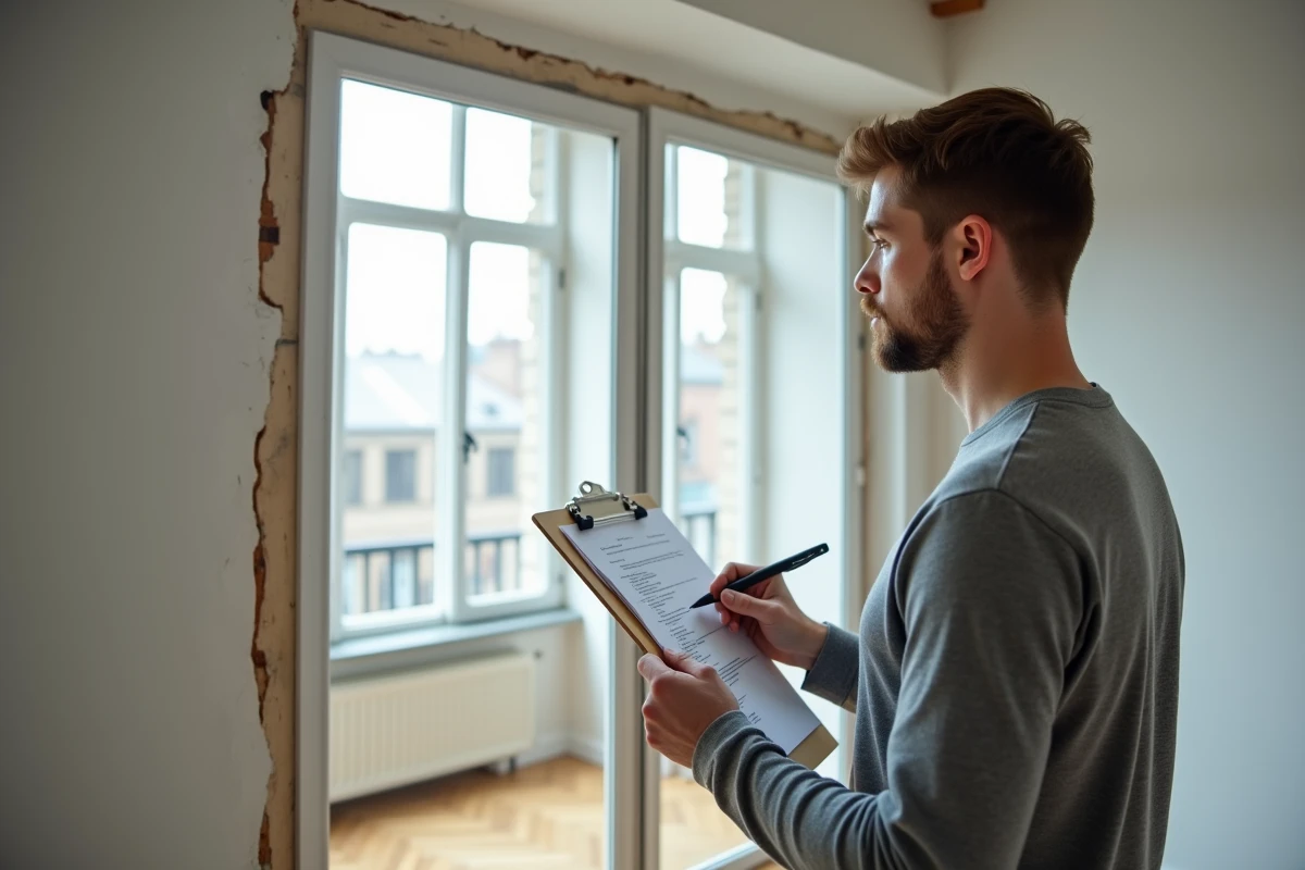 Locataire vérifiant l'état des grandes réparations dans un appartement vide avant de signer un bail, obligations article 606