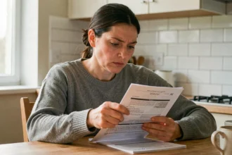 Locataire lisant attentivement son contrat d'assurance habitation à la table de sa cuisine