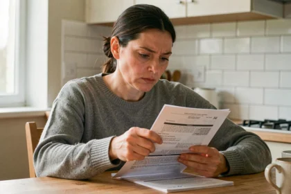 Locataire lisant attentivement son contrat d'assurance habitation à la table de sa cuisine