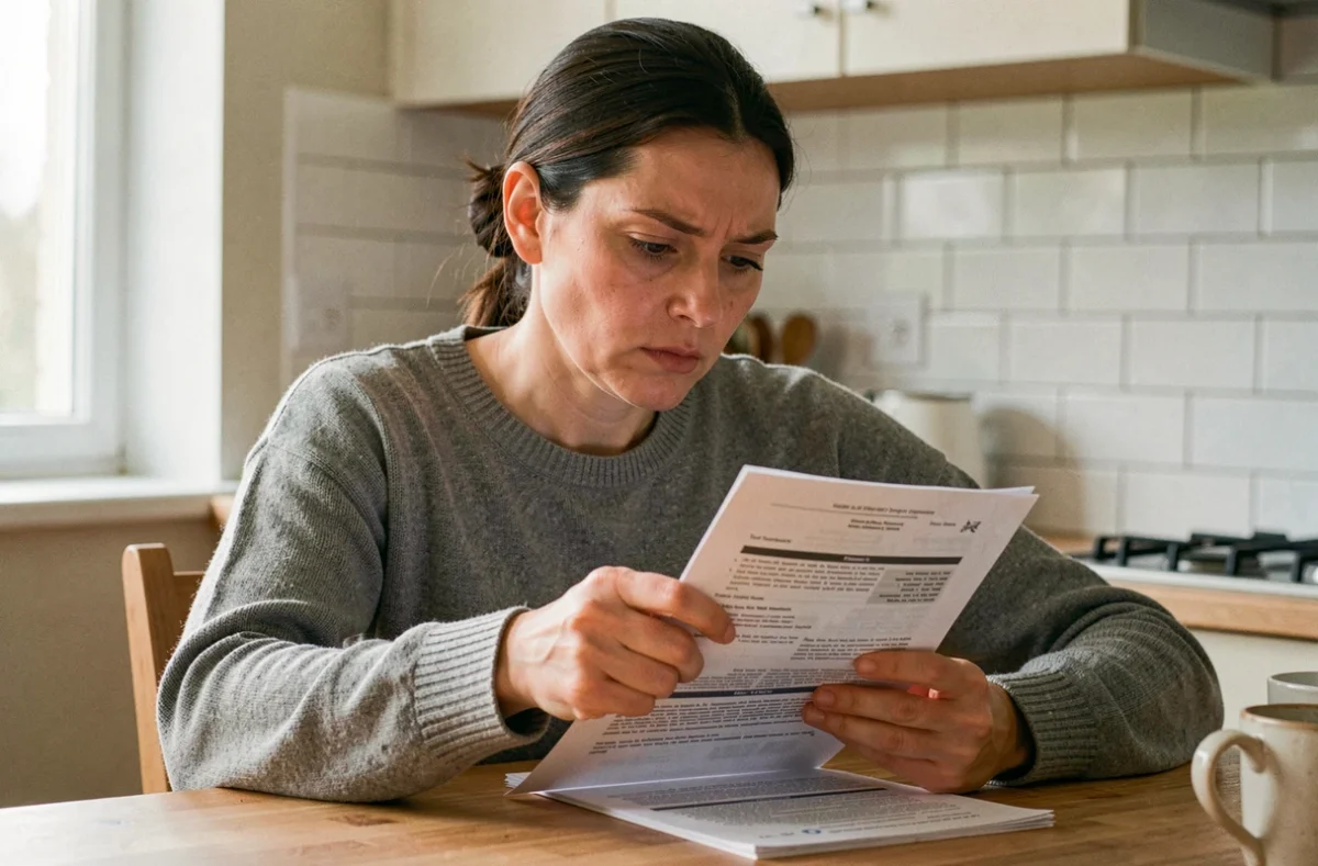 Locataire lisant attentivement son contrat d'assurance habitation à la table de sa cuisine